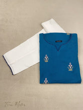 Blue 2pc Emb Slub Khadder